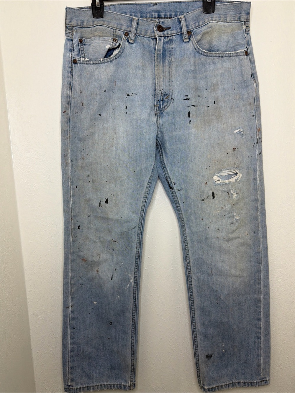 Levi's 505 Distressed Jeans Men's 34x29 Light Wash Paint Splatter Thrashed
